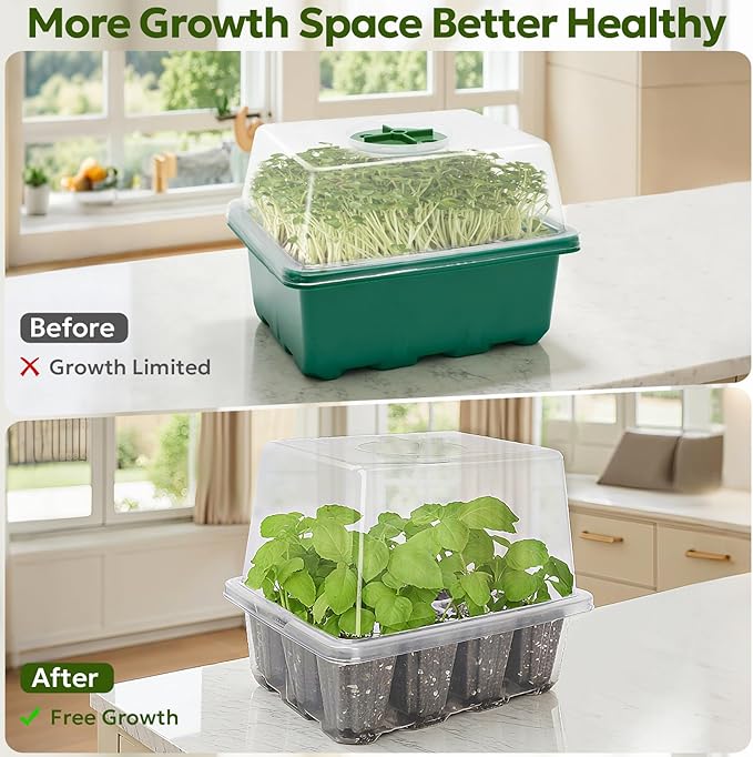 MIXC Seed Starter Kit with Grow Light, Elevated Seedling Tray Kit with Adjustable Humidity Dome and Clear Cell Tray, 12 Full Spectrum Led Beads for Seed Starting Greenhouse, 4 Pack, Transparent