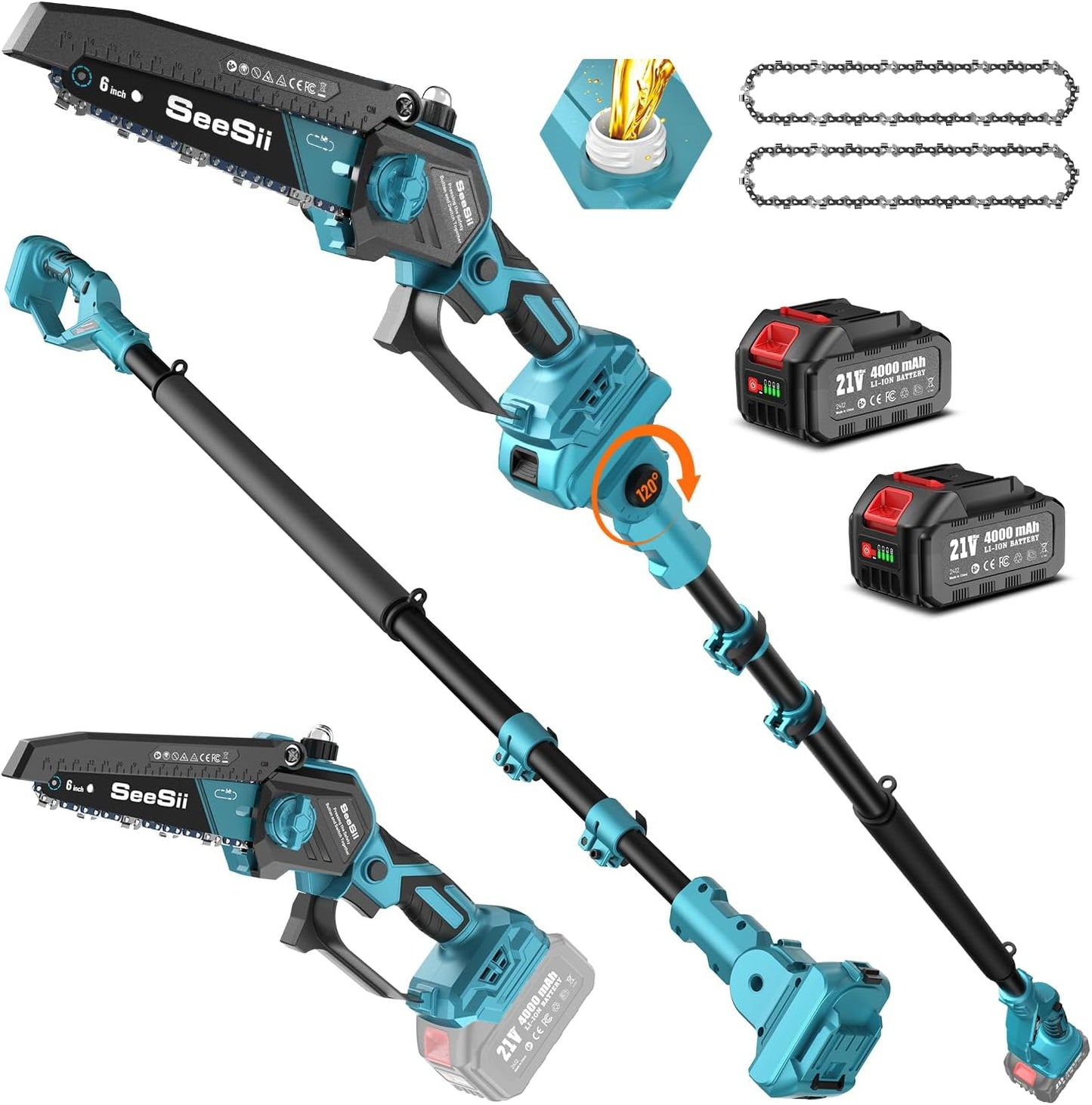 SEESII 2-in-1 Pole Saws for Tree Timming: Electric Mini Chainsaw 6 Inch Cordless, 2 x 4000mAh Batteries Tree Pruner, Brushless Chain Saw with Extension Pole for Limb Branch Cutter,16Ft Reach
