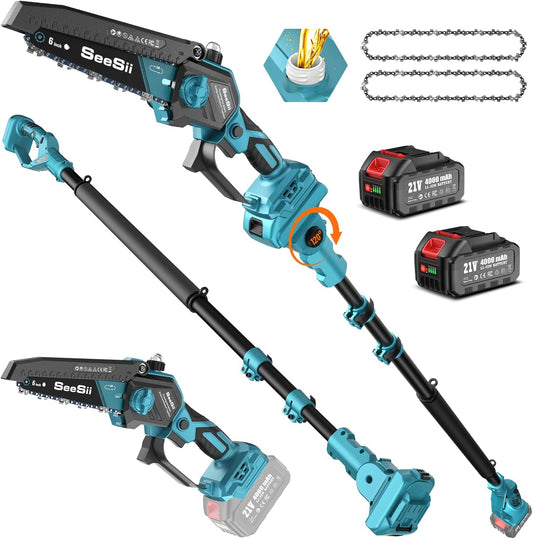 SEESII 2-in-1 Pole Saws for Tree Timming: Electric Mini Chainsaw 6 Inch Cordless, 2 x 4000mAh Batteries Tree Pruner, Brushless Chain Saw with Extension Pole for Limb Branch Cutter,16Ft Reach