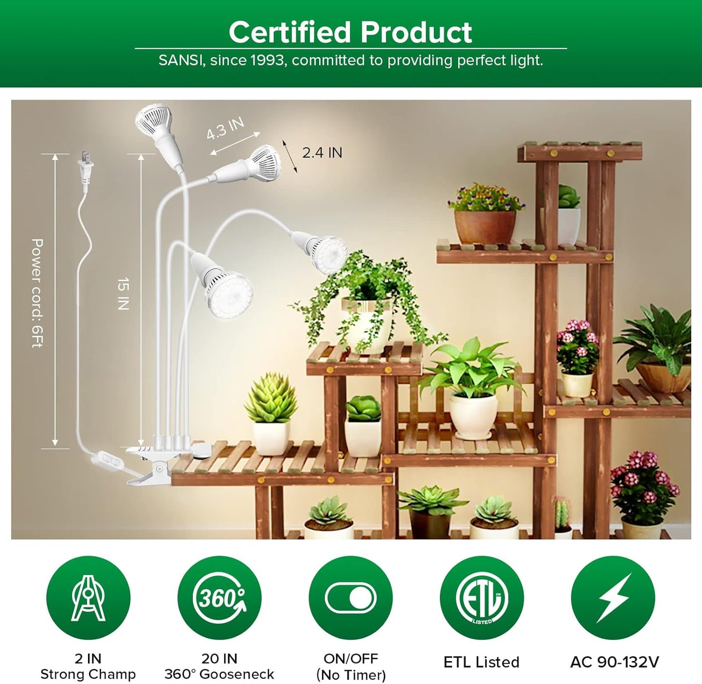 SANSI LED Grow Lights for Indoor Plants, 600W Full Spectrum Clip-on Gooseneck Grow Light with Ceramic Tech.,40W Power Plant Light with Optical Lens for High PPFD, Lifetime Free Bulbs Replacement White