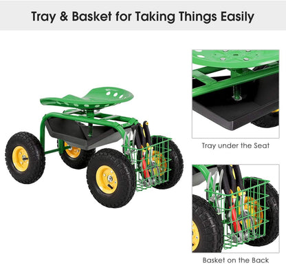 IRONMAX Garden Cart with Seat, Heavy Duty Gardening Work Stools w/Height Adjustable Seat & 10’’ Large Wheels, Rolling Garden Scooter for Outdoor Lawn Yard Planting