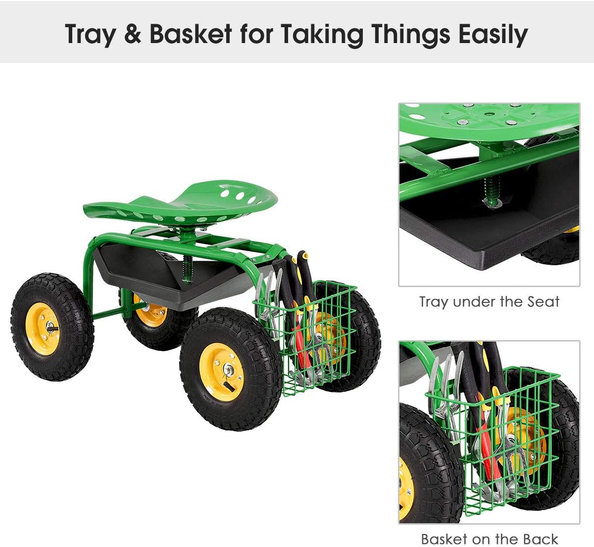 IRONMAX Garden Cart with Seat, Gardening Rolling Stool Scooter w/Wheels, Tool Tray and Basket for Planting, Wheeled Outdoor Gardening Work Seat for Patio, Yard (Green)