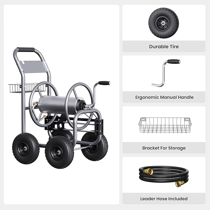 Giraffe Tools Hose Reel Cart with Wheels - Heavy Duty Industrial Hose Reel for Outside, 250-Feet of 5/8" Hose Capacity, Hose Guide Pre-Installed