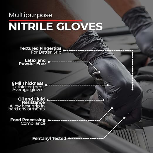 Heavy Duty 6 Mil Black Nitrile Gloves - Disposable, Latex & Powder Free | Mechanic, Food Prep & Tattoo | Rubber Gloves for Cooking, Cleaning & Household | Pack of (200)