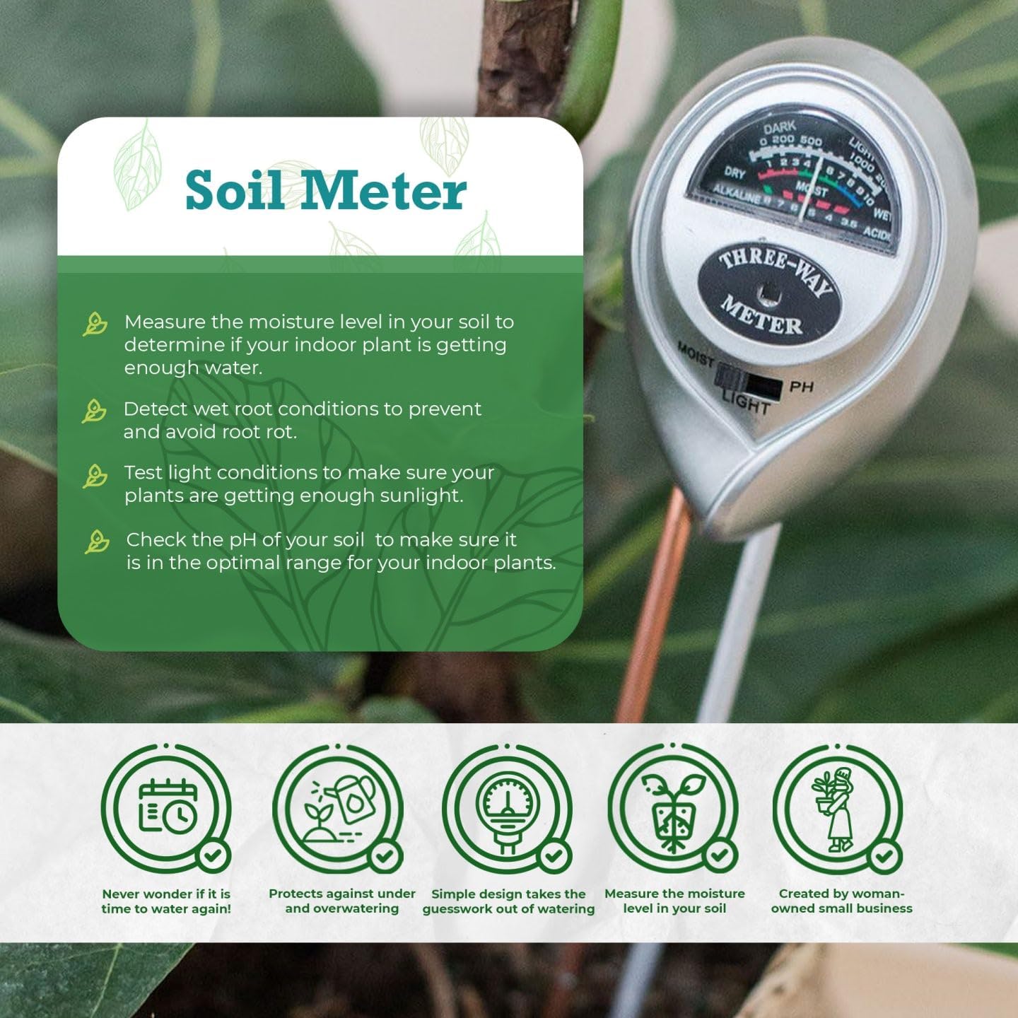 Houseplant Health Meter – 3-in-1 Tool to Prevent Overwatering, Root Rot & Leaf Burn | Test Soil Moisture, Sunlight & pH | Simple, Easy, Battery-Free | Suitable for Indoor, Outdoor & Potted Plants