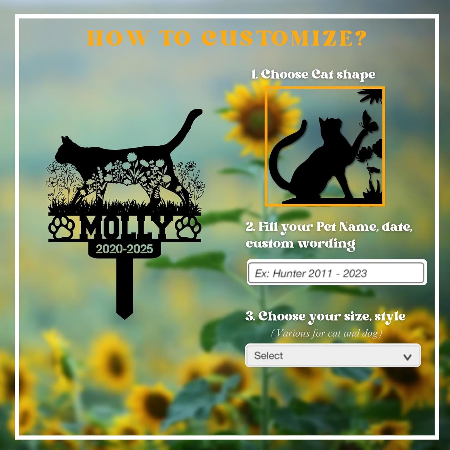 Custom Cat Grave Marker Outdoor, Personalized Pet Headstone for Garden or Cemetery Use, Pet Grave Markers Cat Memorial Stone in Sizes