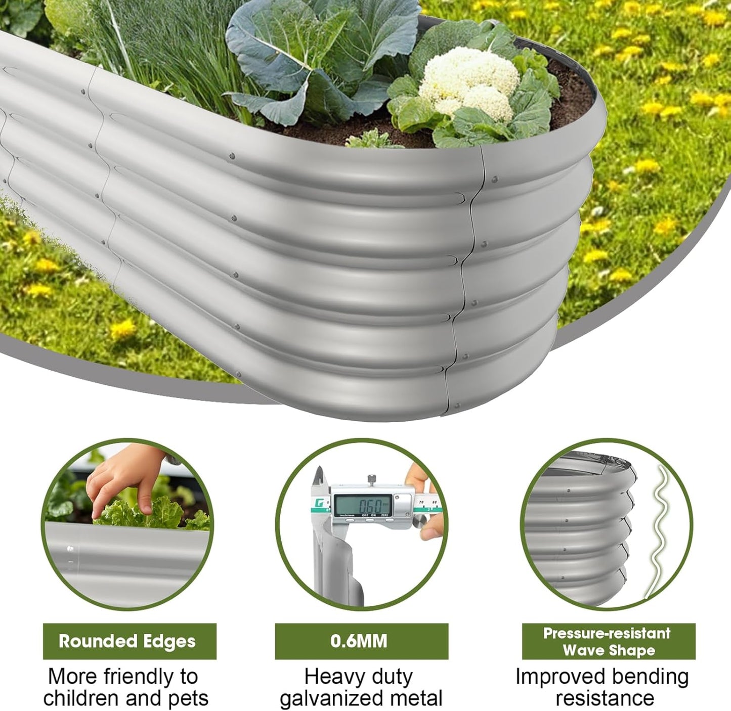 8x2ft Oval Galvanized Raised Garden Bed Kits 16" Tall Outdoor Large Metal Modular Planter Box 9-in-1 Raised Beds for Gardening,Vegetables,Fruits,Flowers & Herbs (Silver)