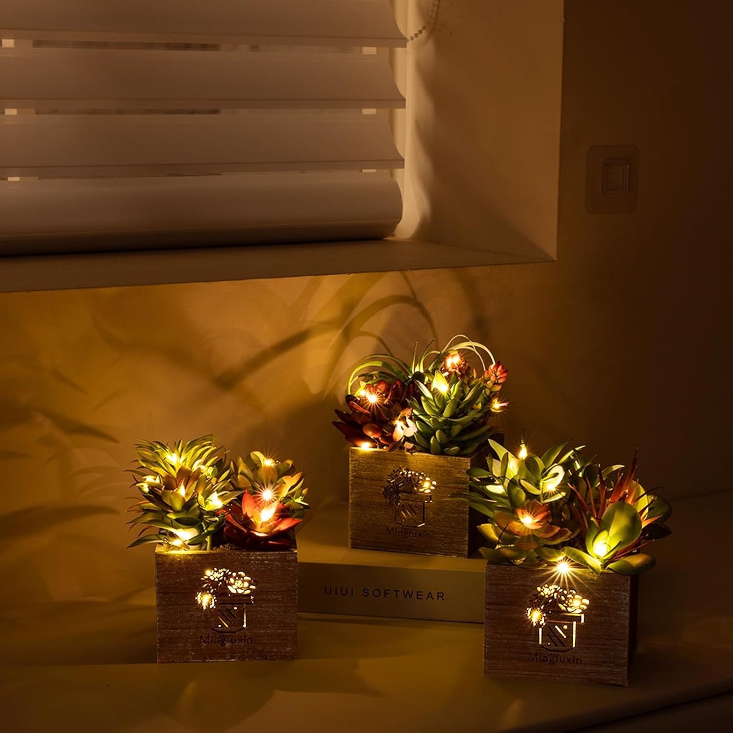 Mingfuxin Succulents Plants Artificial with Light, Small Fake Plants in Pots for Home Decor, Potted Decorative Succulents Plants for Table Desk Bathroom Office Room Decor