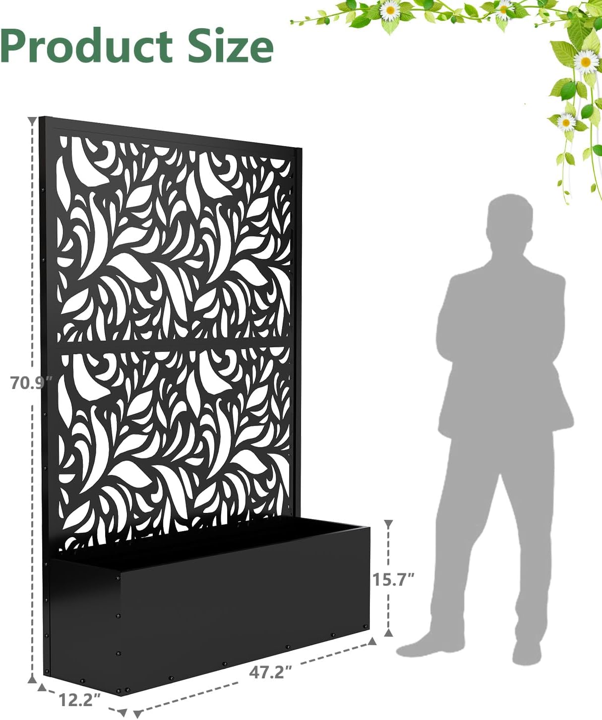 2PCS Metal Planter Box with Trellis,70.9"x47.2"x15.7" Raised Garden Bed with Drainage Holes, Privacy Planters for Outdoor Garden Bed for Climbing Plants,Vegetables,and Vines, Black-Flower