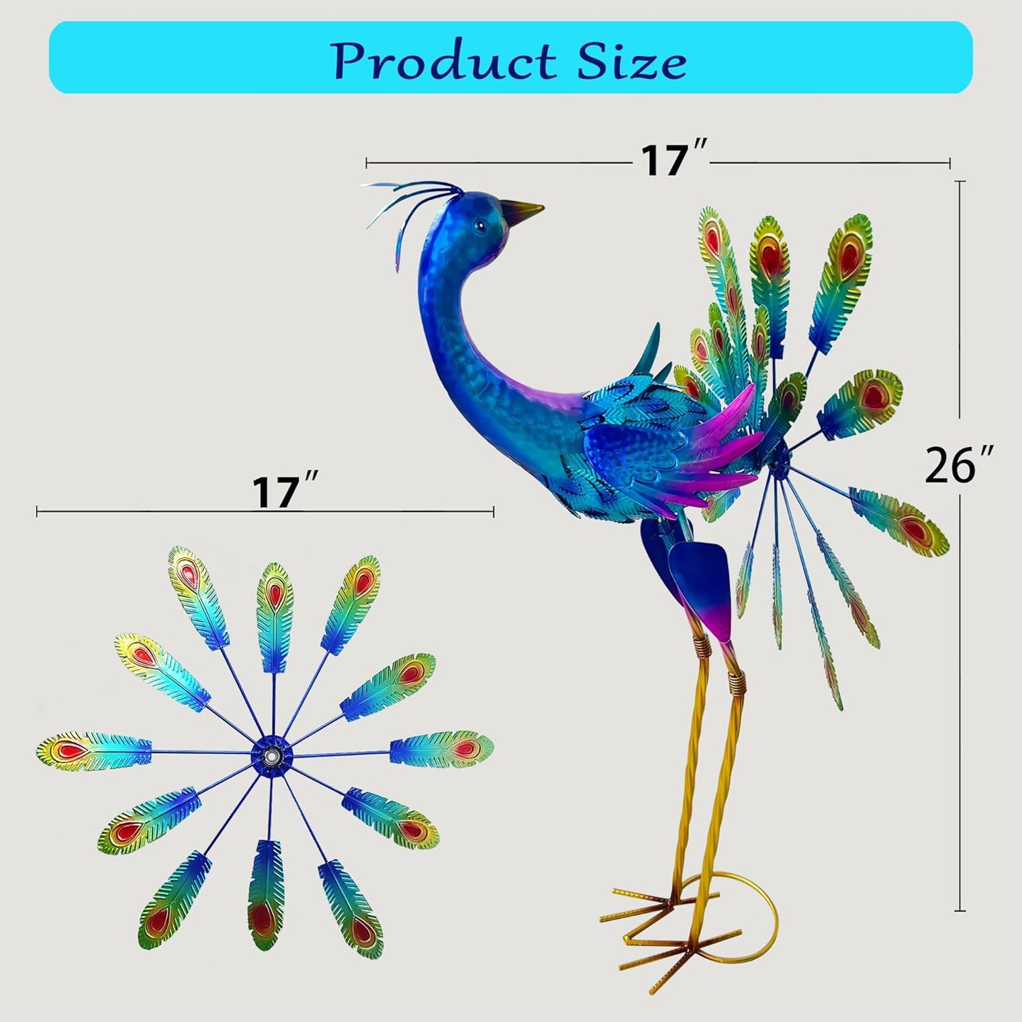 Metal Peacock Garden Statue, 36-Inch Iridescent Blue Purple Outdoor Sculpture, Decorative Lawn Art with Stand