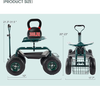 Garden Cart with Seat Outdoor Gardening Carts Heavy Duty Rolling Garden Stools Scooter with Handle and Storage for Seniors, Green