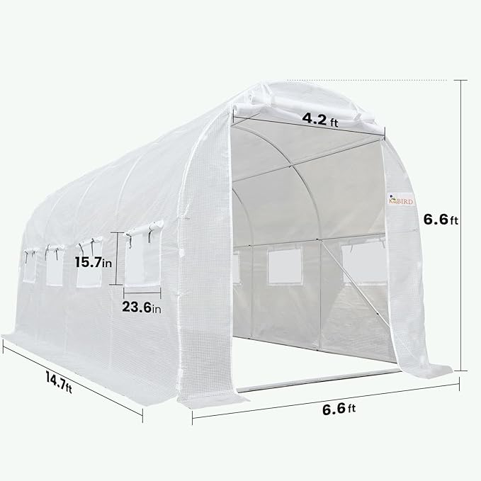 KING BIRD Premium 15x6.6x6.6FT Greenhouse for Outdoors, Large Walk-in Upgraded Galvanized Metal Frame, Mesh Door Screen Window Improved Zipper Tunnel Hoop for Garden Plant Winter, White