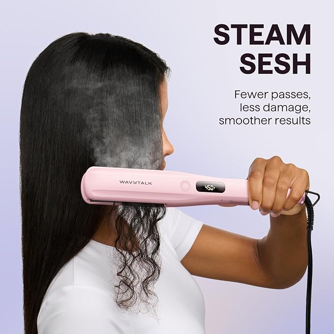 Wavytalk Steam Sesh Hair Straightener, Steam Reduces Damage, Nourishes Hair, and Expedites Straightening, 1.38'' Nano Titanium Flat Iron with Detachable Comb for Silk Press Smoothing & Blowout, Pink