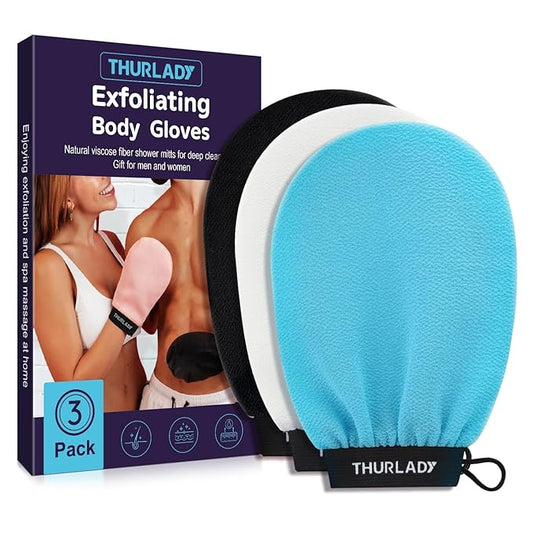 Korean Exfoliating Mitt, Exfoliating Glove, 3 Pack Viscose Fiber Body Scrub Gloves, Dead Skin Remover for Smoother Skin, Self-Tan Prep and Removal, Blue White Black