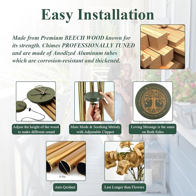 Wind Chimes for Outside, Large Outdoor Windchimes with Engraved Tree of Life, Premium Tuned Metal Chimes for Mother/Grandma, Home & Garden Decor with Soothing Tone