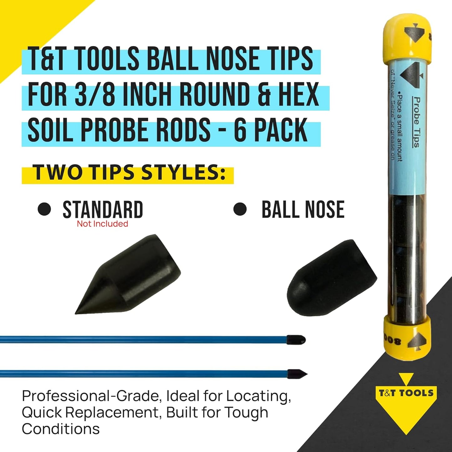 T&T Tools Standard Replacement Tips for 3/8" Soil Probe Rods - Compatible with Smart Stick & Mighty Probe - Ideal for Locating, Plumbing, Landscaping & Gardening Tools - Durable Metal Rod Tips, 6-Pack