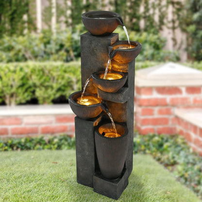 40" Outdoor Water Fountain with LED Lights 5-Tier Polyresin Rock Indoor Modern Floor-Standing Waterfall Fountains for Home Garden, Yard, Patio, Office, Deck Home Art Decor Brown