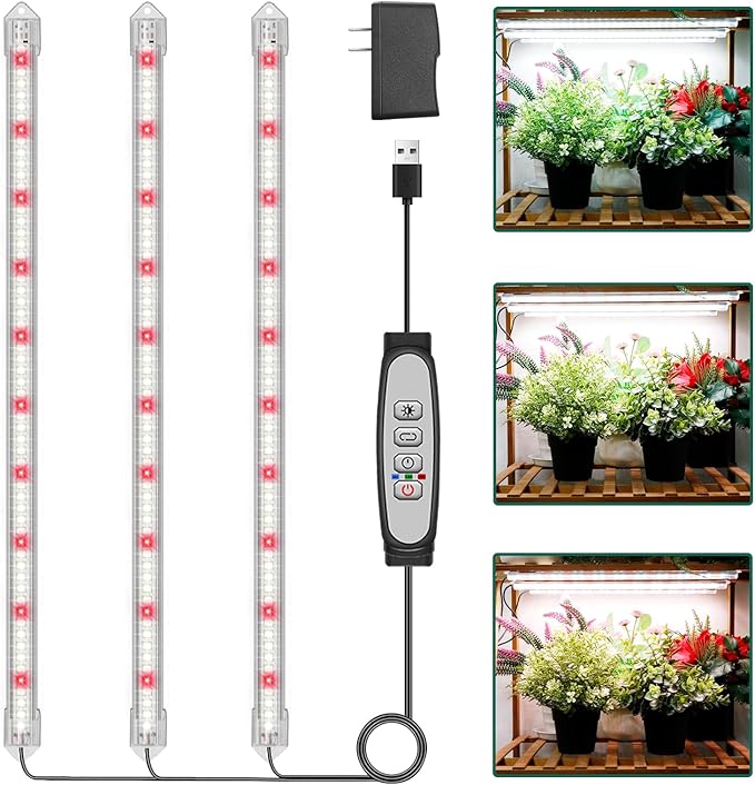 3-Bar Grow Light Strips for Indoor Plants, 16" Full Spectrum Plant Lights, 6500K Sunlike Grow Lights with 6/12/18H Timer, 5-Level Dimmable for Indoor Growing