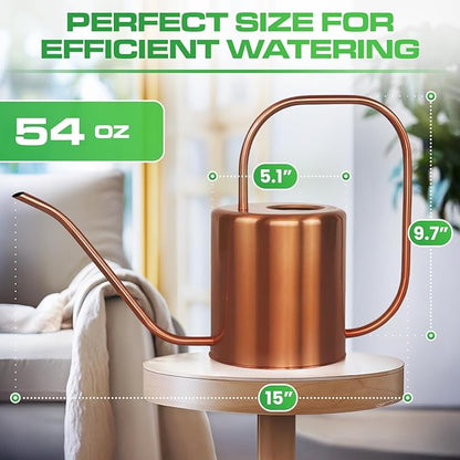 Plexon Rose Gold Metal Watering Can Indoor Plants, 54 oz Stainless Steel Long Spout Watering Can Outdoor House Plant Flower, Garden