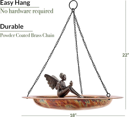 Good Directions Hanging Fired Copper Bird Bath with Fairy for Outside Backyard, Outdoor, Patio, Garden, Birdbath Gift for Bird Lovers Watchers, Large 18" Copper