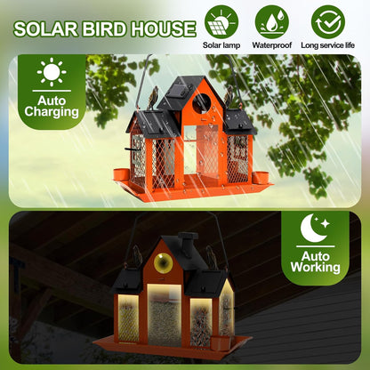 Solar Bird Feeders House for Outdoors Hanging, 7LBS Large Capacity Metal Wild Bird Feeder Squirrel Proof for Outside with Water Cup, Cardinal Birdfeeder Birdhouses Gift for Bird Lovers (Orange)
