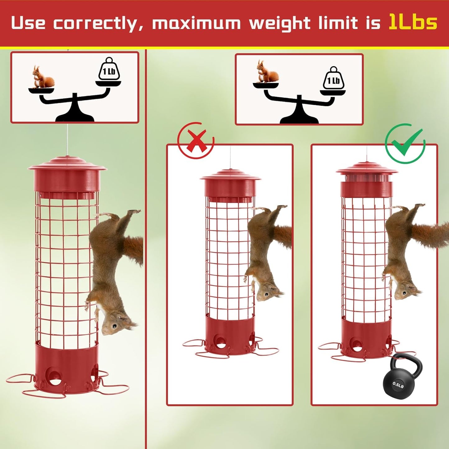 Squirrel Proof Bird Feeders, Metal Wild Bird Feeder for Outdoors Hanging, Weight Activated Squirrel Buster for Chickadees, Goldfinches, Cardinals, Chew-Proof, 4.4LB Large Capacity, Red