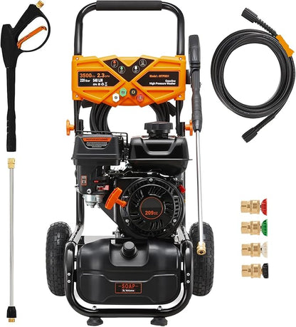 Gas Pressure Washer 3500PSI, 209CC 2.3GPM Gas Power Washers with 25FT Hose, 4 Quick-Connect Nozzles, Soap Tank, Axial Pump, Commercial High Pressure Washers Gas Powered for Car Driveway Wall
