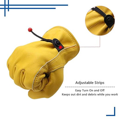 HLDD HANDLANDY 12 Pairs Cowhide Leather Work Gloves with Reinforced Palm for Men & Women (Yellow-12pairs, Large (Pack of 12))