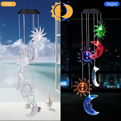 Solar Sun and Moon Wind Chimes Outdoor - Waterproof Mobile Romantic Changing Light Color Wind Chime, Sun Moon Windchimes for Xmas Mom Gifts, Home, Party, Festival Decor, Night Garden Decoration