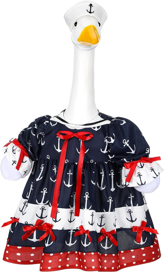 Summer Porch Goose Outfit Nautical Party Sailor Goose Clothes for 23" High Cement or Plastic Geese Costume Cruise Dresses for Yard Lawn Outdoor Garden Patio Anchor Ocean Holiday Beach Decor