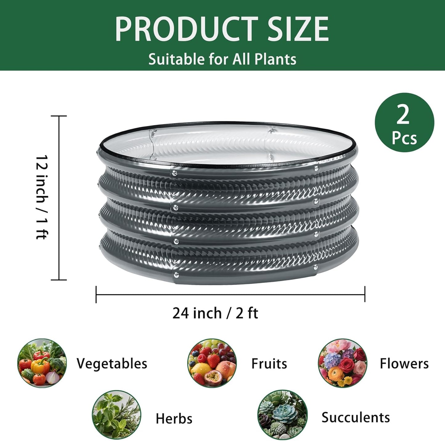 2 Pcs 2x2X1 FT Round Galvanized Raised Garden Bed Kit, Gray Outdoor Planter Garden Bed, Metal Raised Box for Vegetables, Fruits, Flowers & Herbs