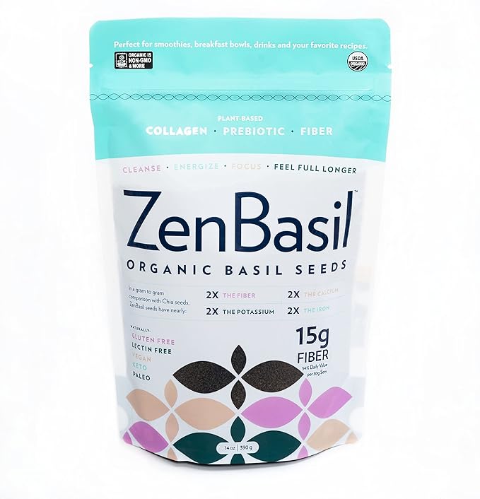 Zen Basil Seeds | edible basil seeds usda organic, kosher, non-gmo, lectin free, gluten free, plant based, keto, paleo, vegan | 15g fiber per/serv | 14oz | more fiber than chia seeds | prebiotic