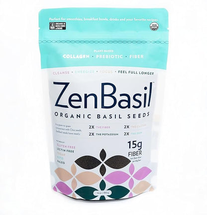 Zen Basil Seeds | edible basil seeds usda organic, kosher, non-gmo, lectin free, gluten free, plant based, keto, paleo, vegan | 15g fiber per/serv | 14oz | more fiber than chia seeds | prebiotic