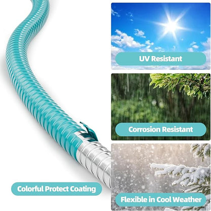 SPECILITE 50ft 304 Stainless Steel Garden Hose Metal, Heavy Duty Water Pipe with Nozzles for Yard, Outdoor - Flexible, Never Kink & Tangle, Puncture Resistant (Sky Blue)