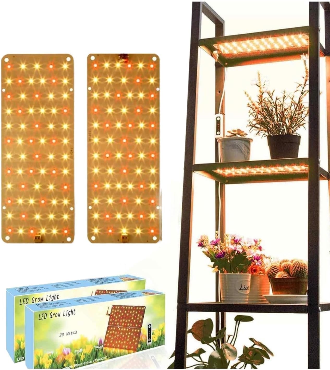 DOMMIA Grow Light, 20W Ultra-Thin Panel Grow Lights for Indoor Plants, High PPFD Full Spectrum, Dimmable, 6/12/16H Timer Auto on/Off, Suitable for Indoor Growing, Warm White 2-Pack