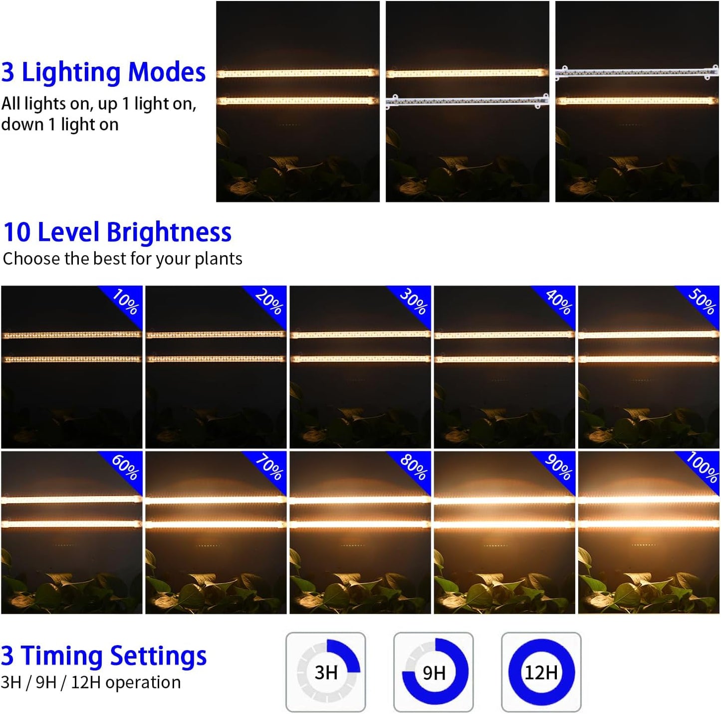 13 Inches Strip Growing Lamp for Indoor Plants, 3500K Full Spectrum LED Grow Light Strips with Auto ON/Off, 3/9/12H Timer & 10 Dimmable Levels for Green House Succulent (2 Head×3 Pack)