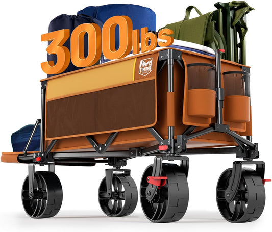 TIMBER RIDGE Beach Wagon with Tailgate, 300lbs Heavy Duty Collapsible Wagon with All-Terrain Big Brakes Wheels, Foldable Utility Cart for Sand Sports Shopping, Orange