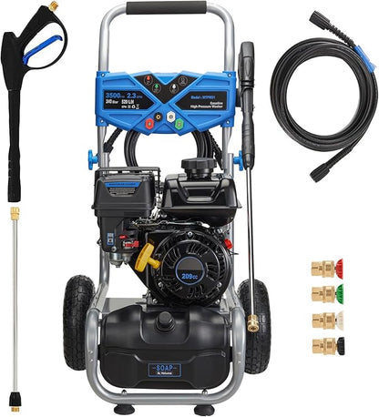 Gas Pressure Washer 3500PSI, 209CC 2.3GPM Gas Power Washers with 25FT Hose, 4 Quick-Connect Nozzles, Soap Tank, Axial Pump, Commercial High Pressure Washers Gas Powered for Car Driveway Wall