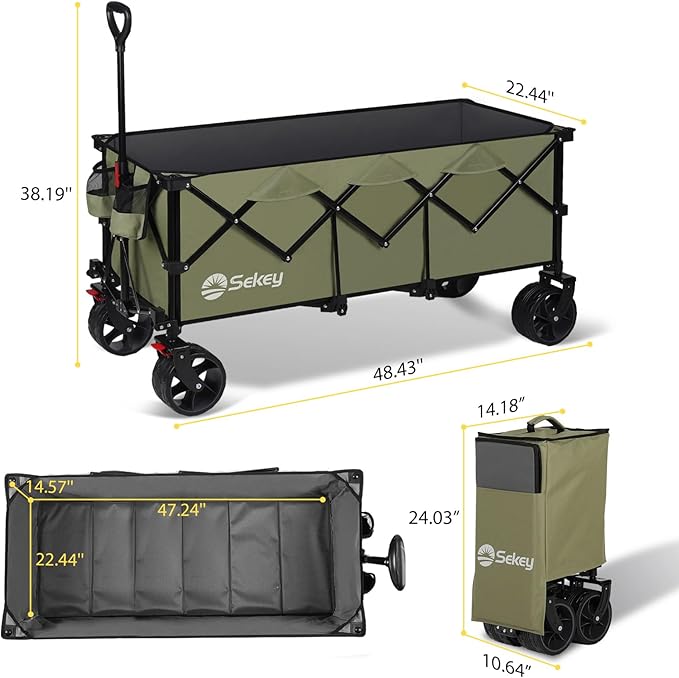 Sekey 48''L Collapsible Foldable Extended Wagon with 440lbs Weight Capacity, Heavy Duty 300L Folding Utility Garden Cart with Big All-Terrain Beach Wheels & Drink Holders. Khaki