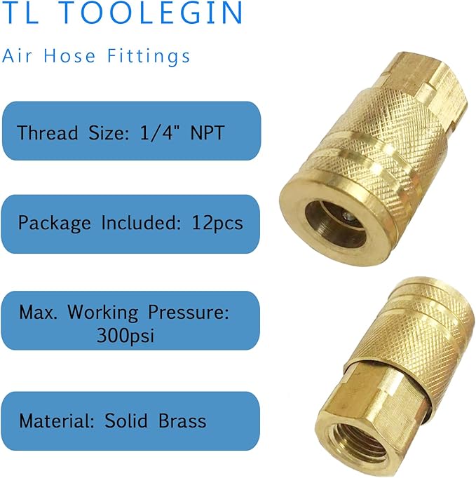 Air Hose Fittings 1/4" Female Brass Air Coupler Kit,12 Pieces Quick Connect Air Compressor Accessories 300 Psi