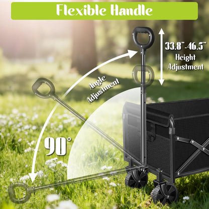 Wagons Carts Foldable, Collapsible Wagon with Wheels, Folding Wagons carts for Camp Sports Garden, Portable Utility Outdoor Wagon with 360lbs, Garden Cart for Groceries, Two Cup Holder, Black