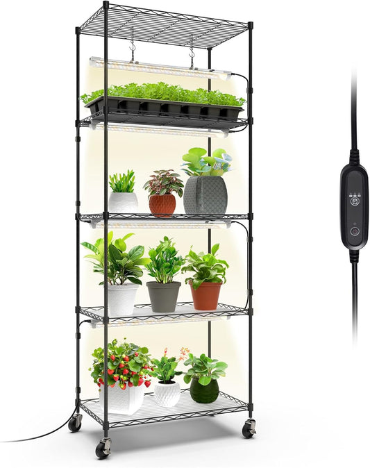 Bstrip Plant Shelf with Grow Light with Timer, Metal Plant Stand with Adjustable Rack and Wheels, 4 Pack T8 Full Spectrum Grow Light Strip for Indoor Plants, Seed Starting, Seed Tray, 23.5"x13.8"x59"