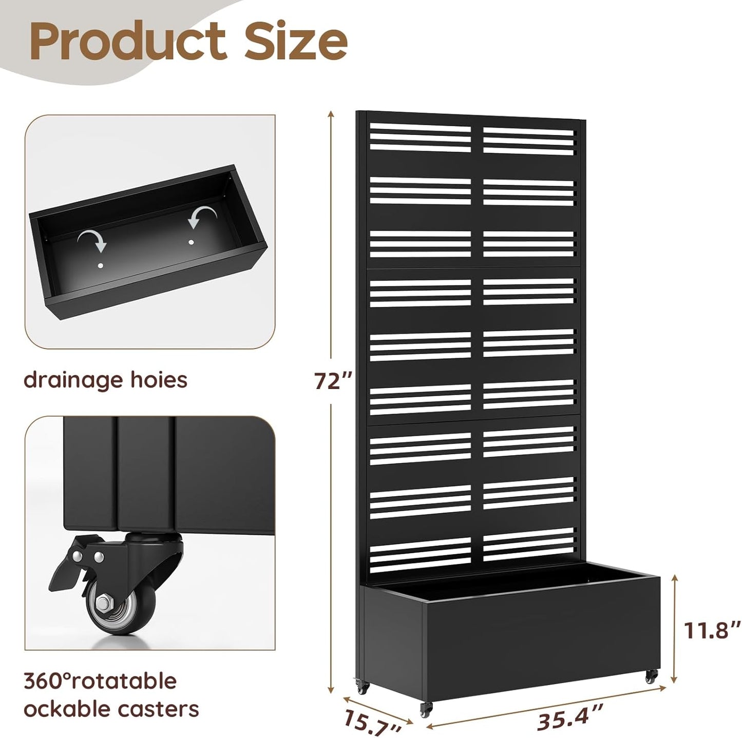 Metal Raised Garden Bed with Trellis & Wheels,72" x 35"x 15.7" Planter Box with Trellis,Privacy Planters for Patio,Garden Bed for Climbing Plants,Suitable for Climbing Plants and Vegetables,Black