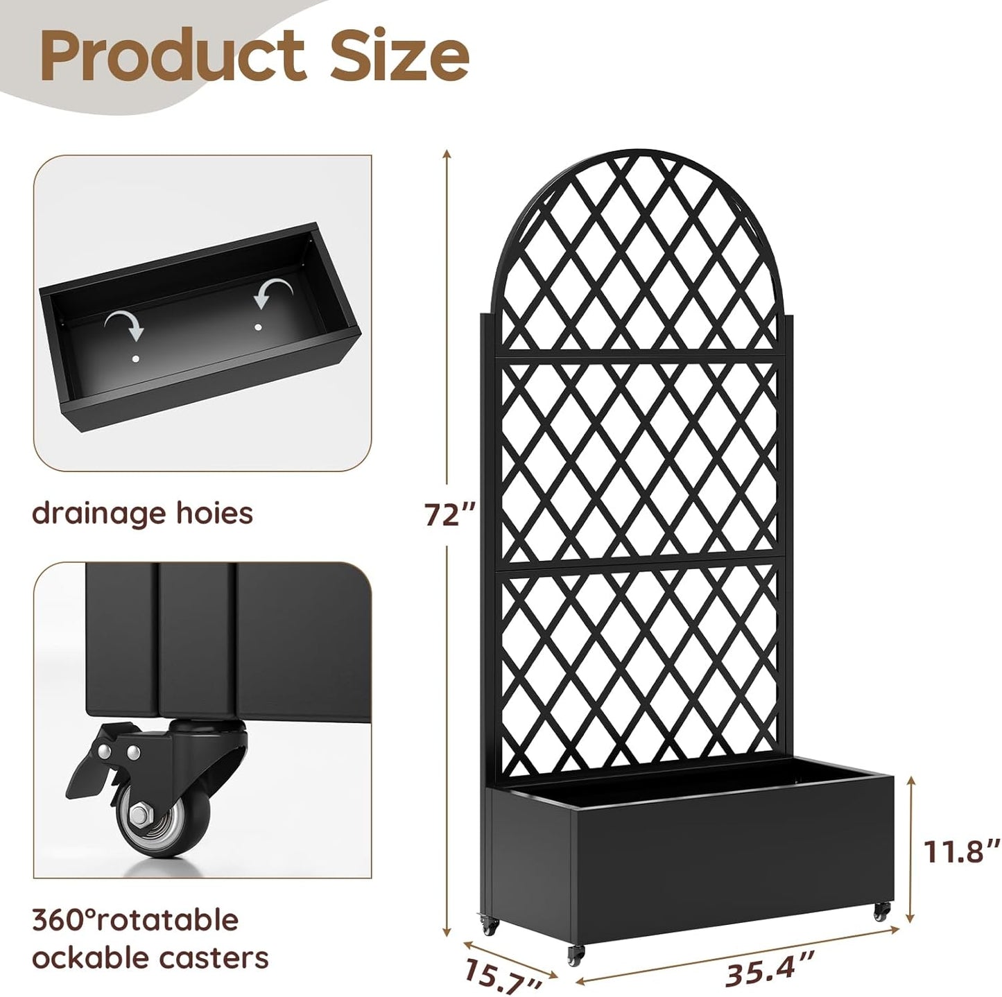 Metal Raised Garden Bed with Trellis & Wheels,72" x 35"x 15.7" Planter Box with Trellis,Privacy Planters for Patio,Garden Bed for Climbing Plants,Suitable for Climbing Plants and Vegetables,Black