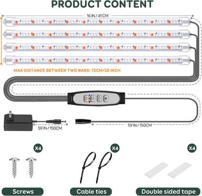 4 Bars Grow Light Strips for Indoor Plants with Auto ON/Off Timer 6/12/18H, 5 Dimmable Levels for Shelves Plant Growing(Pack 1)