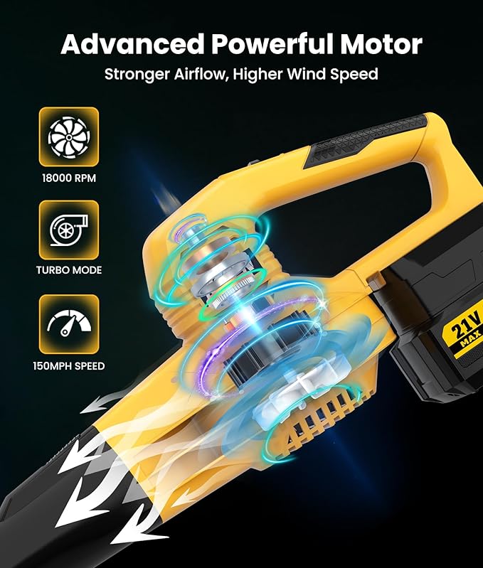 21V Cordless Leaf Blower with 2 x 4.0Ah Batteries and Charger - Powerful 2-Speed Electric Blowers for Lawn Care, Blowing Leaves, Patio, House, Depot, Dust (Yellow)