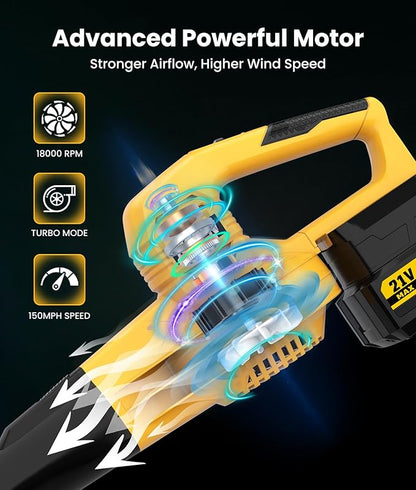 21V Cordless Leaf Blower with 2 x 4.0Ah Batteries and Charger - Powerful 2-Speed Electric Blowers for Lawn Care, Blowing Leaves, Patio, House, Depot, Dust (Yellow)