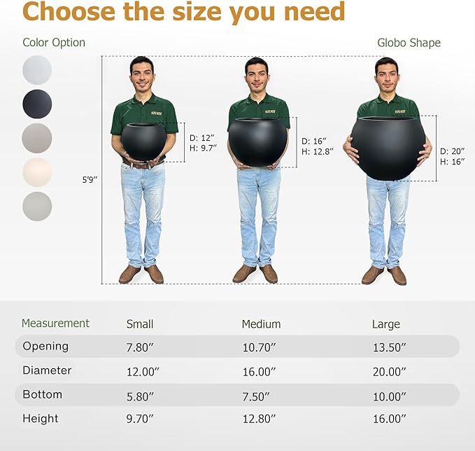 12.8" H x 16" D Globo Fiberstone Round Planter with Drainage Hole, Weather Resistant, Smooth Finish, Planters for Indoor Plants & Outdoor, 2 Extra Coco Mats (Black, 10.7" Pot Opening)