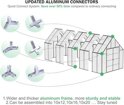 CDCASA 20x10x10 FT Greenhouse for Outdoors, Easy Assembly Large Thicker Aluminum Heavy Duty Polycarbonate Greenhouses Kit w/4 Vents, Swing Door, Outside Walk-in Green House for Sunroom Patio,Backyard