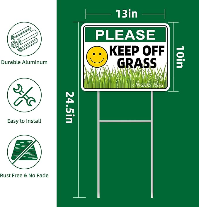 Keep Off Grass Sign, 2-Pack 13"x10" H-Metal Stakes, Double-Sided Signs, Corrugated Plastic, Keep Off Grass Signs For Yard